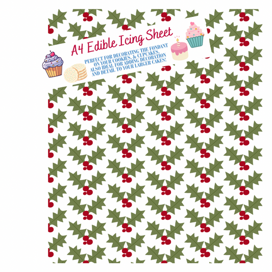 A4 Modern Holly Leaves Festive Printed Edible Icing Sheet - Cake Wrap, Cookie and Cupcake Decor