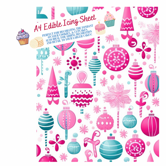 A4 Festive Pink and Blue Baubles Printed Edible Icing Sheet - Cake Wrap, Cookie and Cupcake Decor