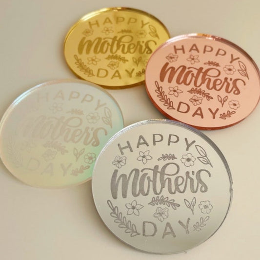 Happy Mother's Day Acrylic Cake Charms with Leaves and Flowers Design.