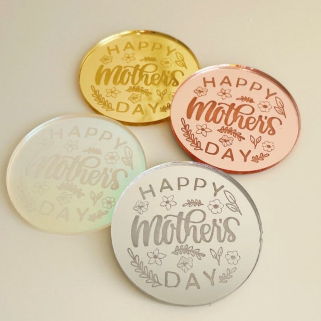 Happy Mother's Day Acrylic Cake Charms with Leaves and Flowers Design.