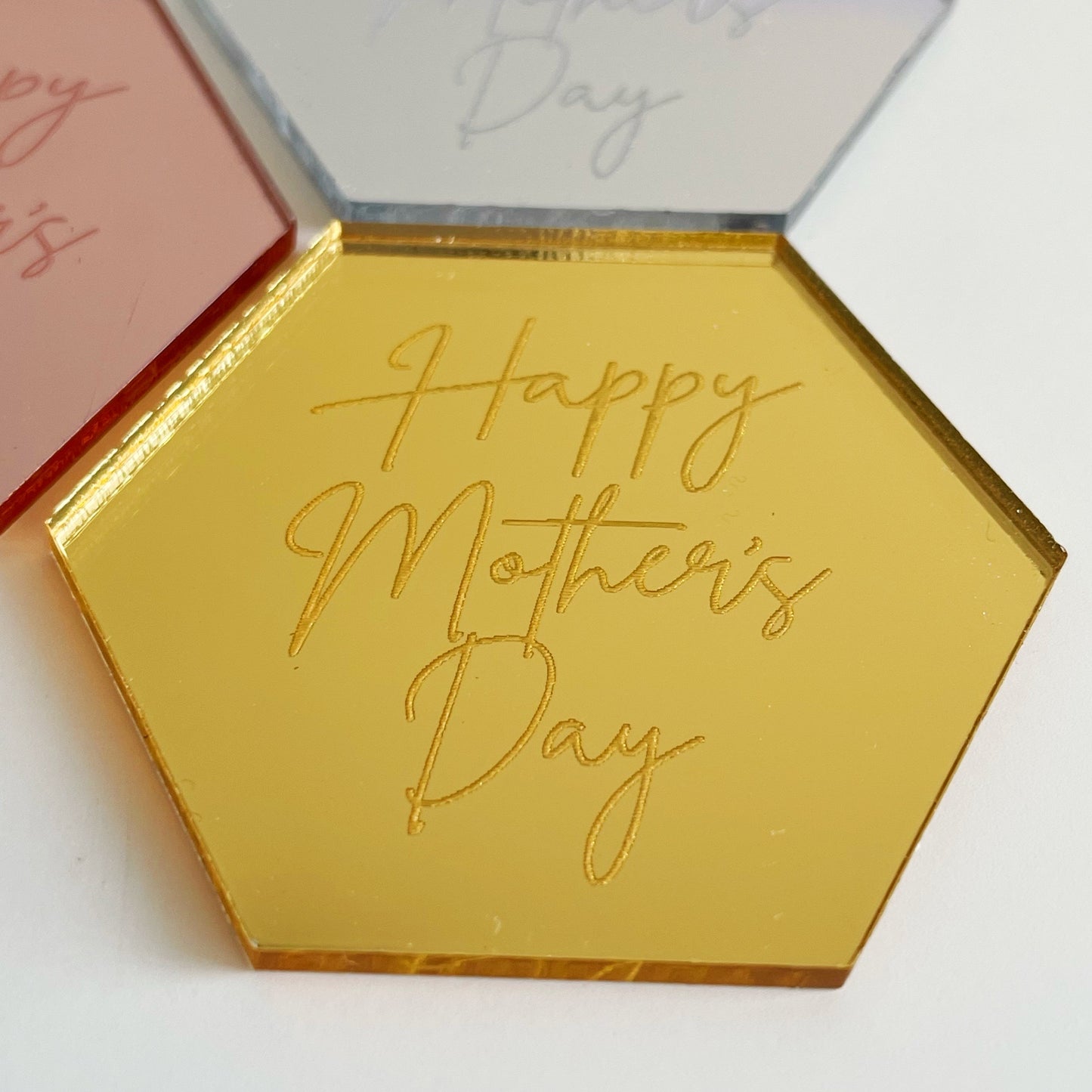 Hexagon Happy Mother's Day Fancy Script Acrylic Cake Charms.