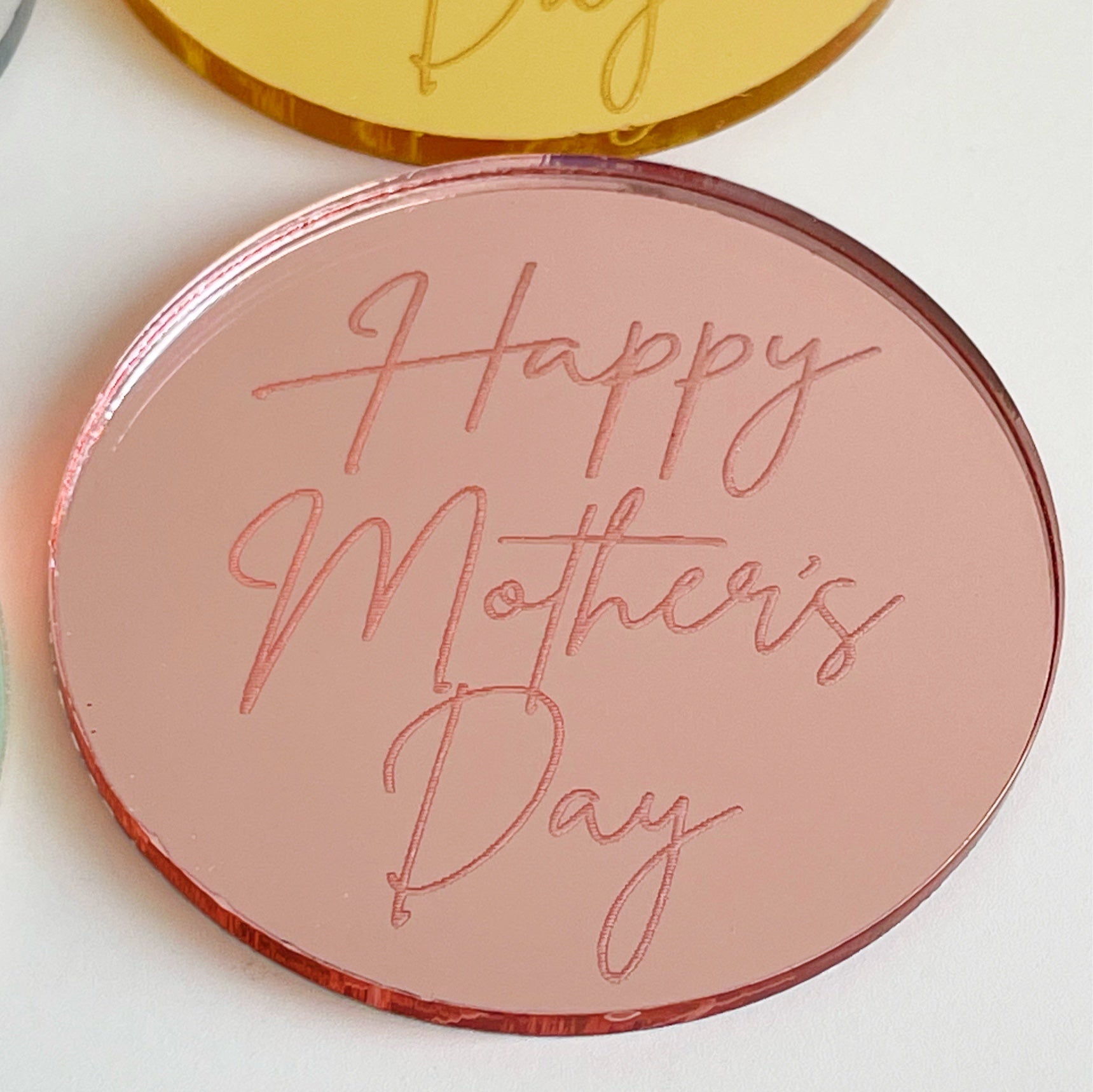 Happy Mother's Day Fancy Script Acrylic Cake Charm Discs.