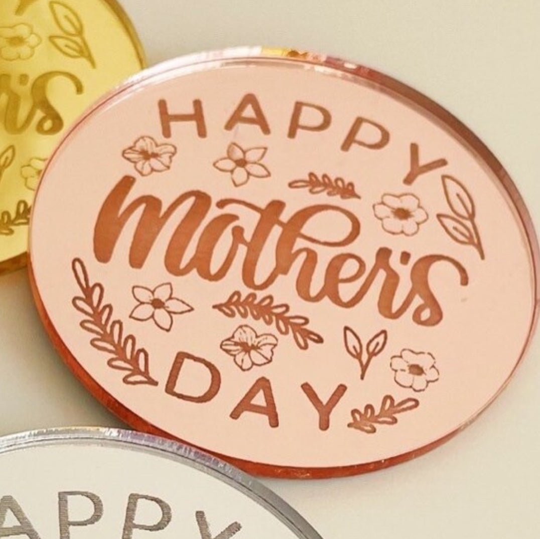 Happy Mother's Day Acrylic Cake Charms with Leaves and Flowers Design.