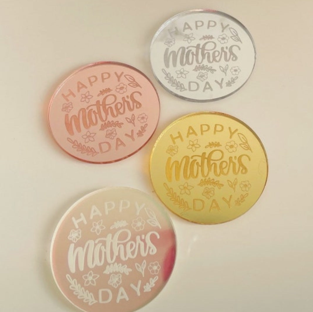 Happy Mother's Day Acrylic Cake Charms with Leaves and Flowers Design.