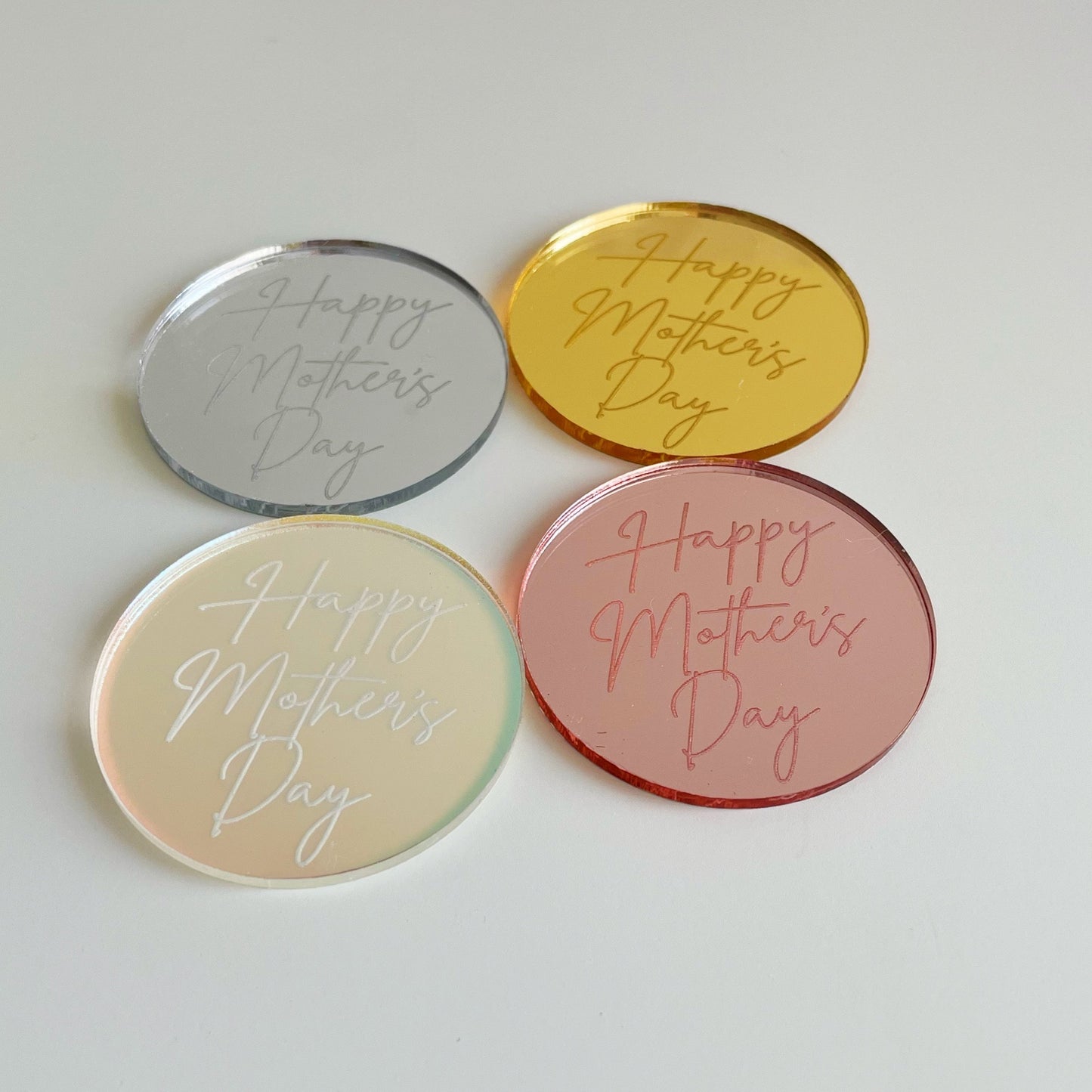 Happy Mother's Day Fancy Script Acrylic Cake Charm Discs.