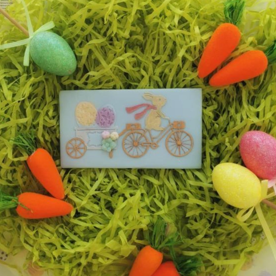 Bunny on Bicycle Pulling Easter Eggs Embosser and Cookie Cutter Set.