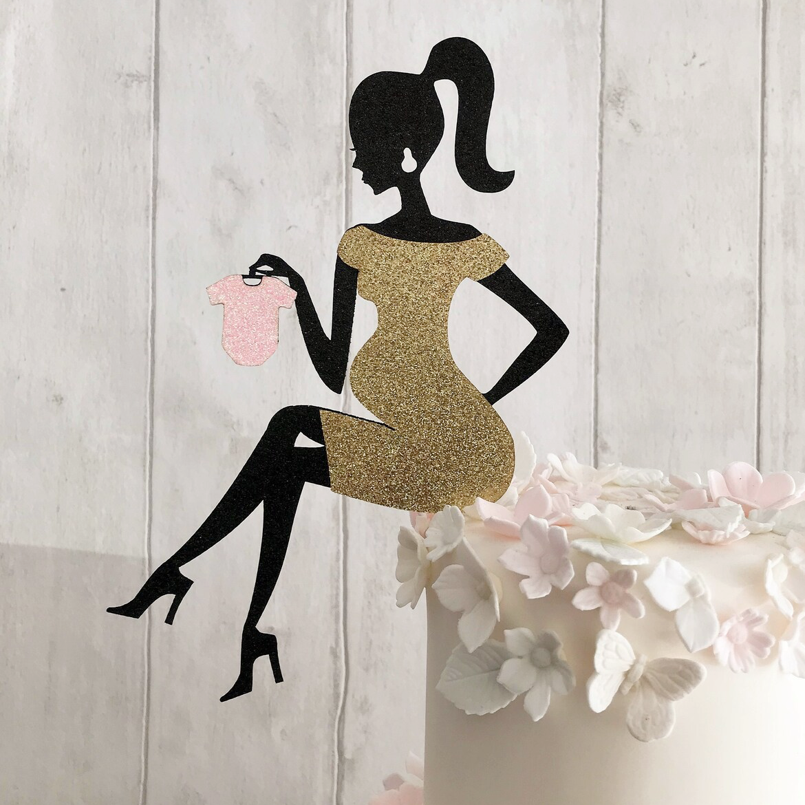 Sitting Pregnant Woman Glitter Card Topper