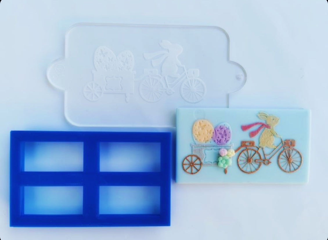 Bunny on Bicycle Pulling Easter Eggs Embosser and Cookie Cutter Set.